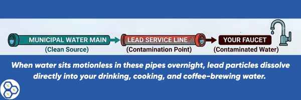 lead-in-tap-water-burnout-htma-testing Diagram illustrating how lead service lines contaminate drinking water between the municipal water main and a household faucet, highlighting risks of lead in Minnesota tap water.