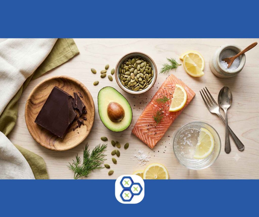 A collection of nutrient-dense foods that lower cortisol levels naturally including avocados, wild salmon, and pumpkin seeds for stress hormone management.