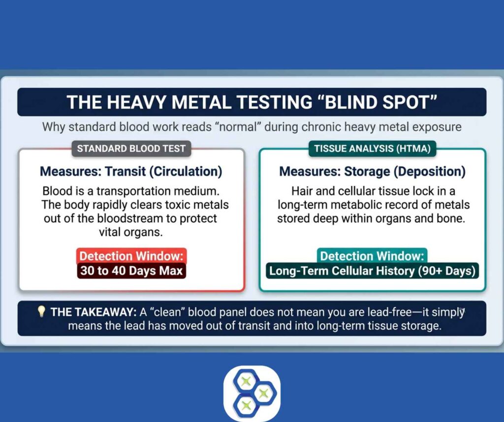 Infographic comparing heavy metal blood test blind spots with hair tissue mineral analysis HTMA detection windows for chronic lead toxicity.