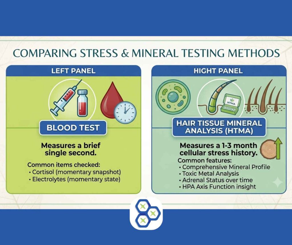 An infographic comparing blood testing to Hair Tissue Mineral Analysis for measuring chronic stress and high cortisol symptoms.