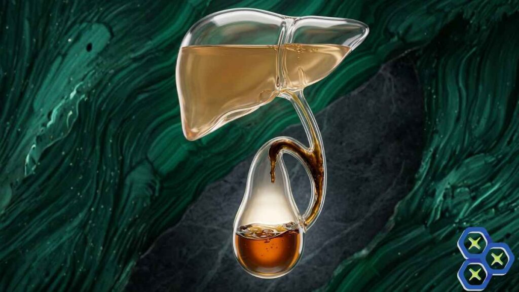 Light amber bile flowing from a glass liver vessel into a pear-shaped gallbladder vessel to show bile concentration.