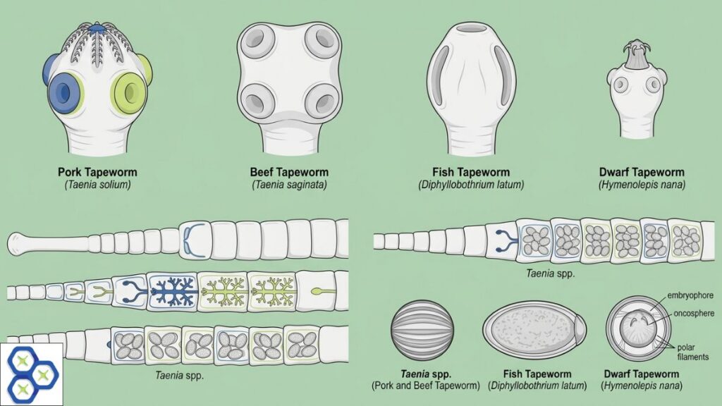 Diagram of tapeworm scolex head structures, proglottid segments, and eggs for Pork, Beef, Fish, and Dwarf tapeworms.