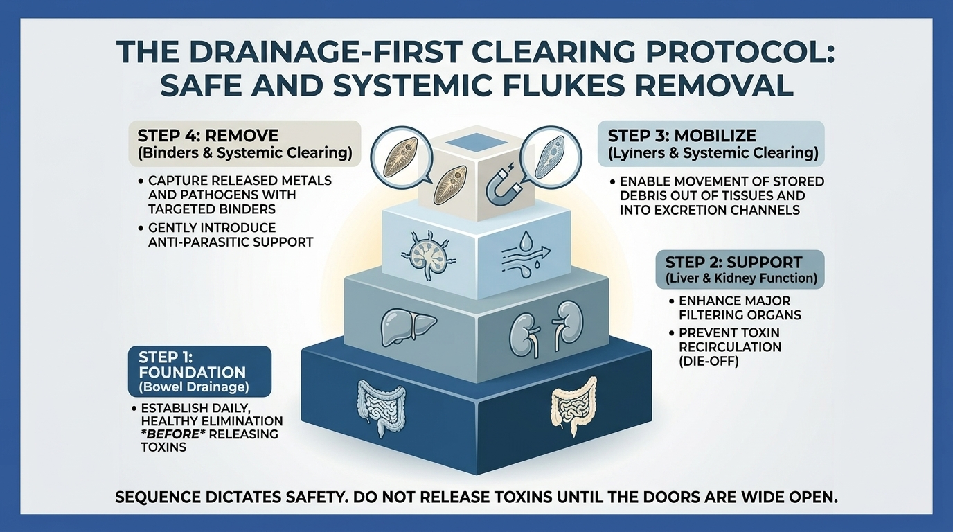 Clinical step-pyramid infographic detailing the four-phase "Drainage-First Clearing Protocol" for safe and systemic human flukes removal. The stages, structured from foundation to top, include: 1. Bowel Drainage Foundation for healthy elimination; 2. Liver and Kidney Support filtering organs; 3. Lymphatic Flow Mobilization; and 4. Binders and Systemic Clearing Removal to capture released metals and pathogens. The graphic emphasizes that proper sequence prevents severe die-off reactions.