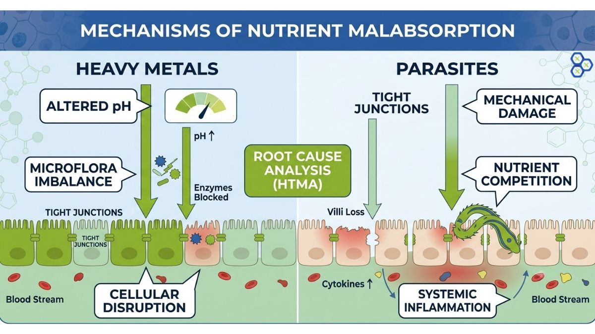 Ultra-clean biological diagram contrasting heavy metal cellular disruption with parasitic microvilli damage along the intestinal wall, using Scientific Nutrition brand colors.
