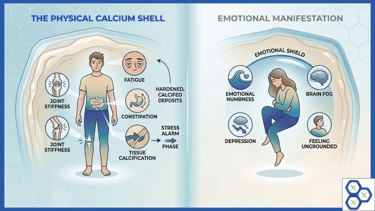 Infographic detailing the HTMA Calcium Shell pattern, showing physical symptoms like joint stiffness and constipation alongside emotional shielding features like brain fog and emotional numbness.