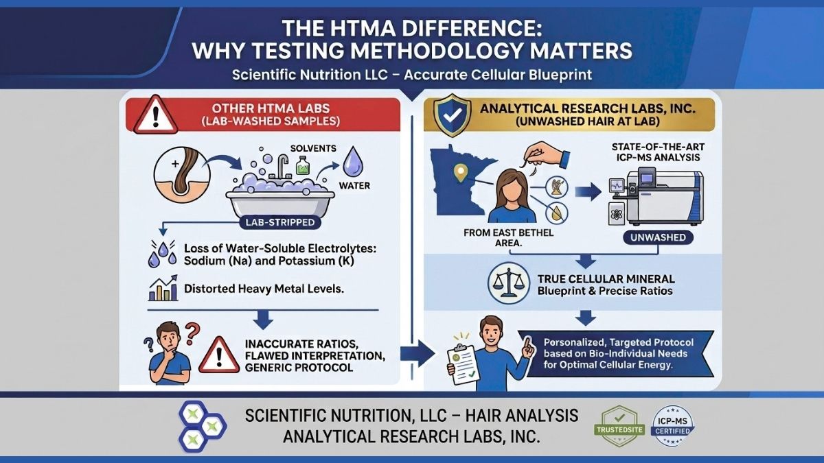 Infographic comparing HTMA testing methodology: ARL unwashed hair samples show accurate cellular minerals versus other labs' washed samples which strip vital electrolytes and distort results.