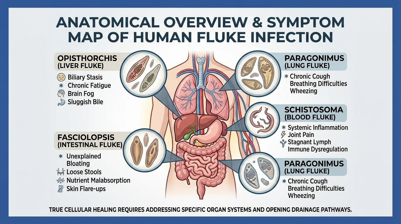 Anatomical overview and symptom map of human fluke infections detailing four main species: Liver Flukes causing biliary stasis and brain fog; Intestinal Flukes causing bloating and malabsorption; Lung Flukes causing chronic cough; and Blood Flukes causing systemic inflammation and joint pain.