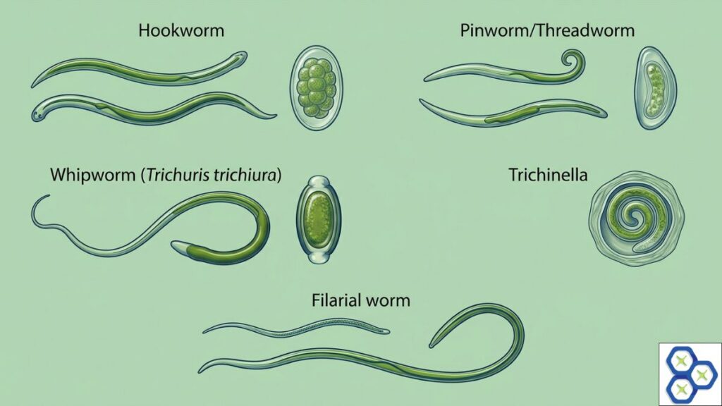 Illustration of adult roundworms and eggs comparing Hookworm, Pinworm, Whipworm, Trichinella, and Filarial worms.