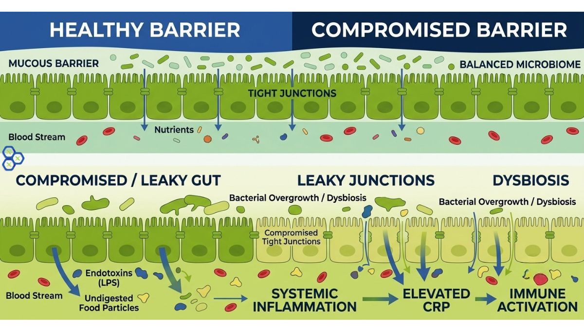 Streamlined medical diagram contrasting a healthy intestinal barrier with strong tight junctions and balanced microbiome against a compromised leaky gut barrier showing systemic inflammation and elevated CRP flow. Using Scientific Nutrition brand colors.