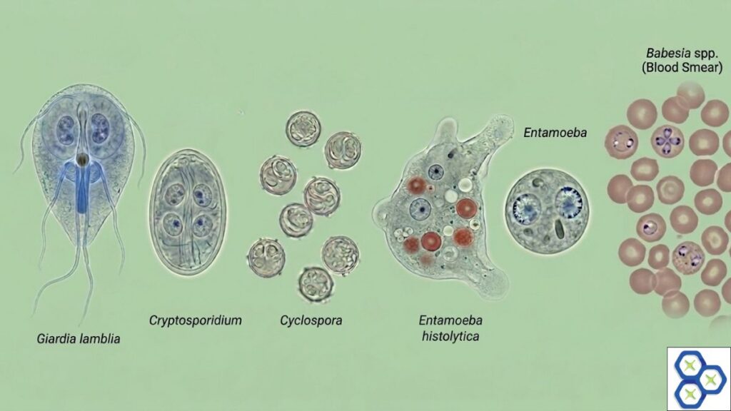 Microscopic view of protozoan parasites showing Giardia lamblia, Cryptosporidium, Amoeba, and Babesia in adult and cyst stages.