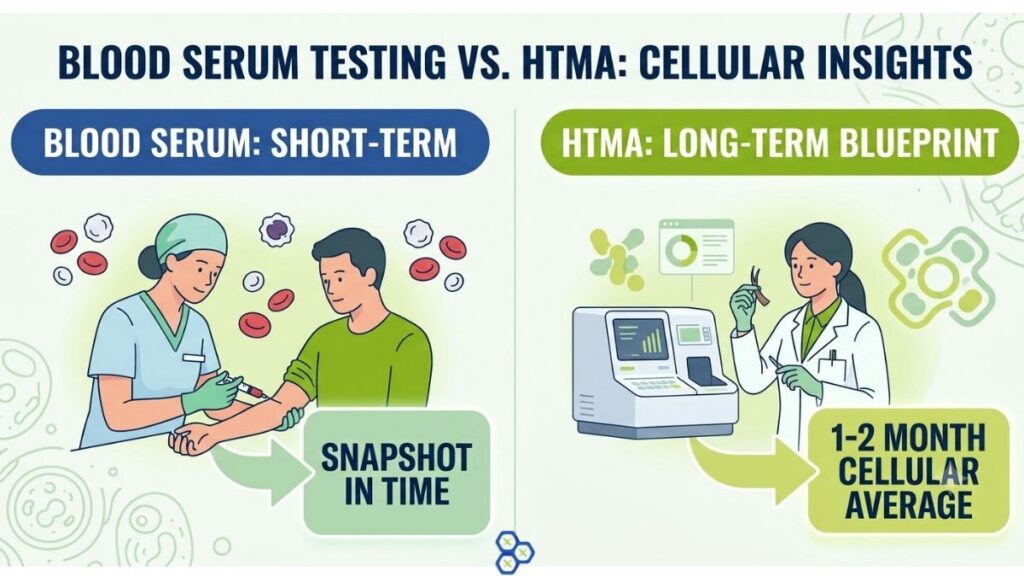 Recreated streamlined infographic contrasting blood draw for serum testing as a short-term snapshot with hair analysis for HTMA as a long-term 3-4 month cellular mineral blueprint. Uses Scientific Nutrition brand colors.