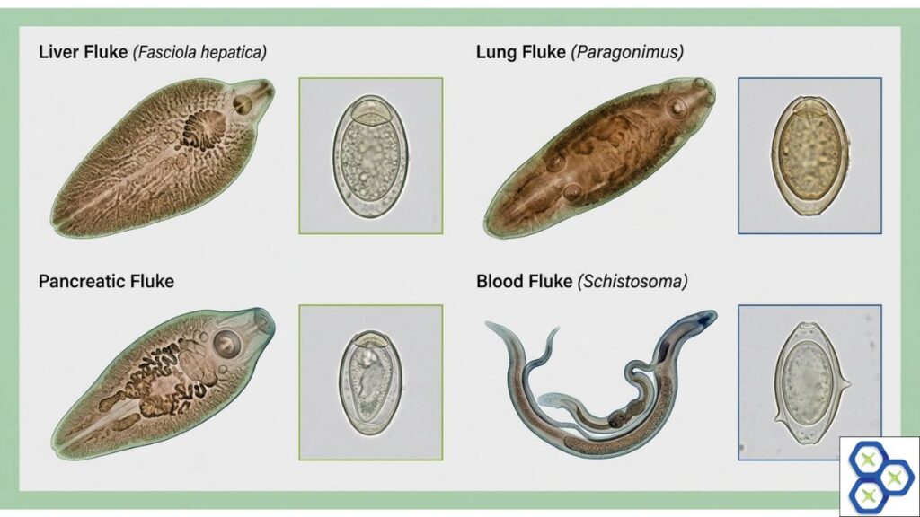 Scientific comparison of adult fluke parasites and their corresponding eggs, including liver, lung, pancreatic, and blood flukes.