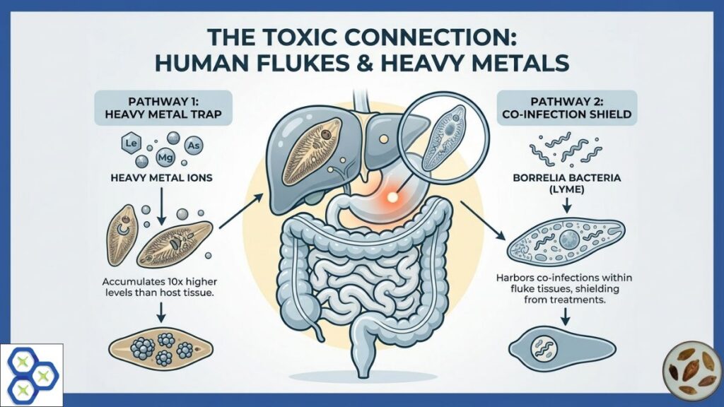 Medical infographic showing how human flukes accumulate heavy metals at 10x higher levels than host tissue and shield Borrelia Lyme bacteria from treatments.