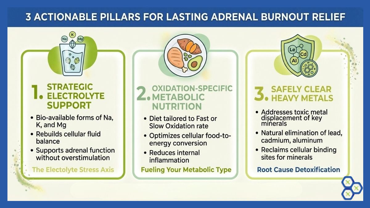 Infographic displaying the 3 actionable pillars for adrenal burnout relief: targeted electrolytes, metabolic nutrition, and clearing toxic heavy metals.