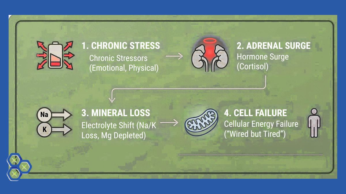 Infographic illustrating the 4-stage adrenal burnout stress cycle from chronic stress to mineral loss and cellular energy failure.