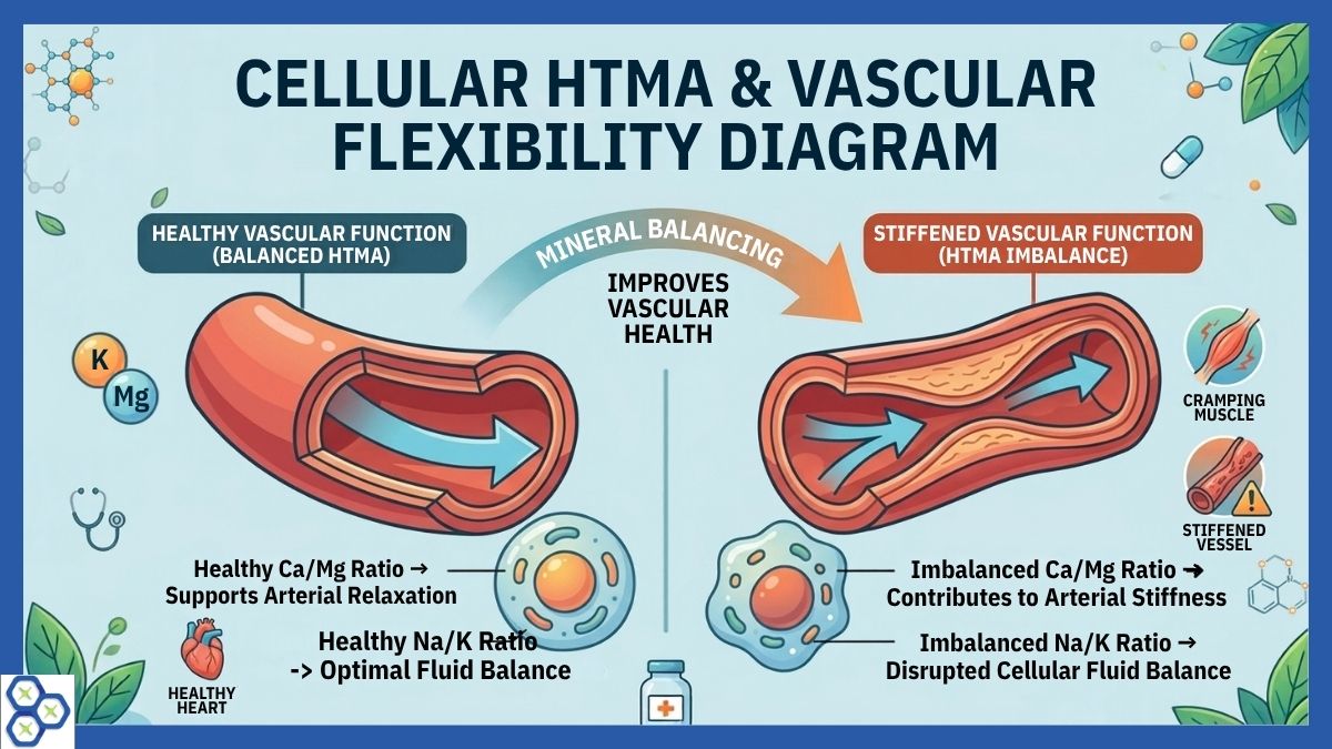 A medical infographic illustrating the cellular principles of HTMA (Hair Tissue Mineral Analysis), comparing a healthy flexible artery with balanced minerals to a stiff, narrowed artery resulting from mineral imbalances like high sodium and low potassium, showing how balancing mineral ratios supports vascular elasticity.