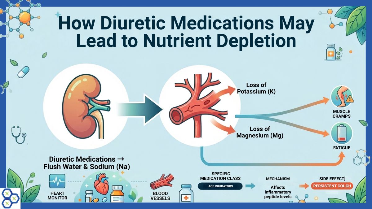 Infographic illustrating how diuretic high blood pressure medications flush out water and sodium while depleting essential potassium (K) and magnesium (Mg) at the cellular level.