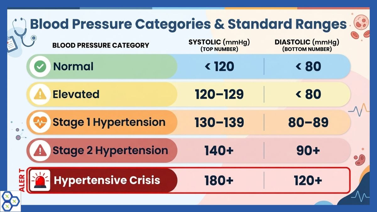 Color-coded blood pressure ranges chart showing normal, elevated, stage 1, stage 2 hypertension, and hypertensive crisis levels for systolic and diastolic pressure.