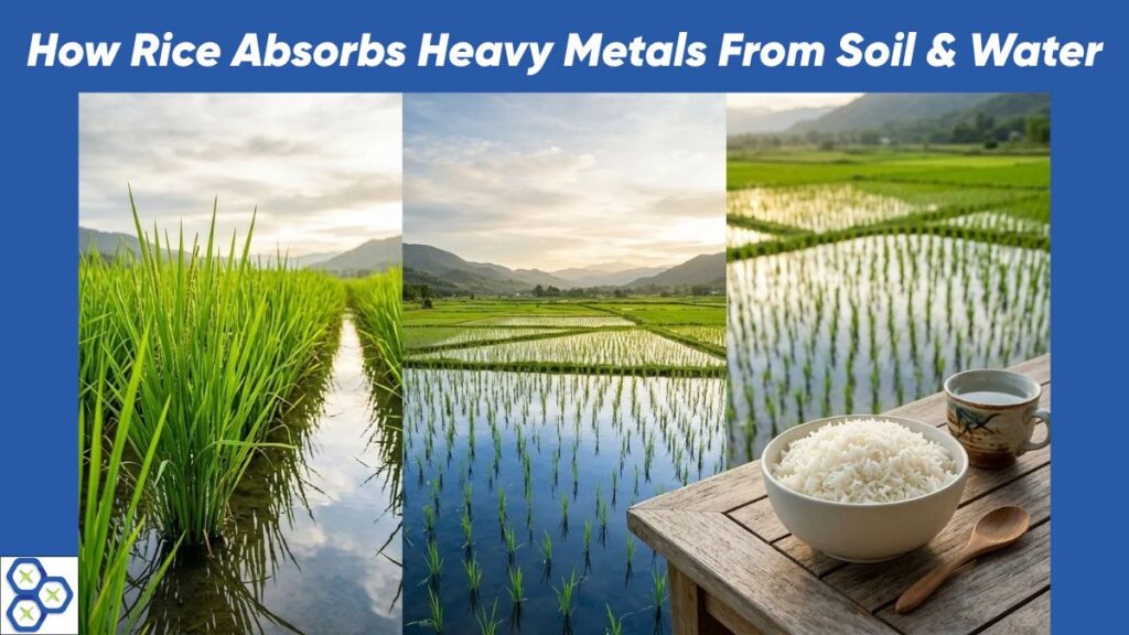 Flooded rice paddy field illustrating how rice plants absorb soil minerals and arsenic.