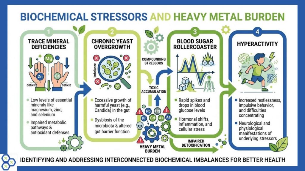 Infographic detailing biochemical stressors and heavy metal toxicity linked to ADHD symptoms, designed in navy blue and vibrant green for Scientific Nutrition.
