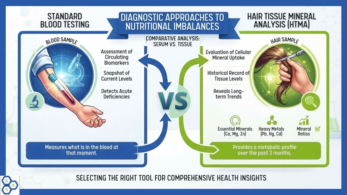Infographic comparing standard blood testing serum snapshots with Hair Tissue Mineral Analysis cellular metal and mineral profiling, designed in brand colors blue and green for Scientific Nutrition.