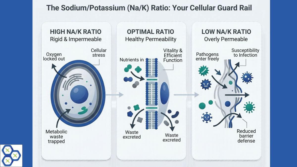 Infographic showing how high, optimal, and low sodium potassium ratios affect cellular membrane permeability, oxygen uptake, and pathogen defense.